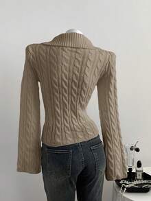 Elamini Women's Casual Loose Solid Color Cable Knit Sweater, Autumn/Winter - Khaki - View 2