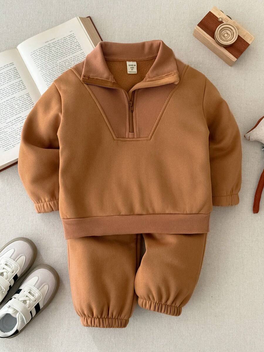 Blossori Young Boys' French Elegant Stand Collar Half-Zip Long Sleeve Sweatshirt And Sweatpants Set - Coffee Brown - View 1