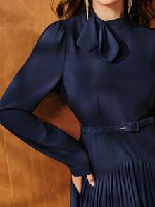 Anewsta Váy midi tay bồng buộc eo bèo nhún thanh lịch dành cho nữ, giản dị và sang trọng cho buổi hẹn hò, mùa thu/đông - Màu xanh hải quân - Xem 1