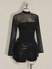 SHEIN ICON Combinaison grande taille en maille noire unie à manches longues, Top transparent avec col montant et manches classiques, combinaison femme style Y2K - Noir - Voir 8