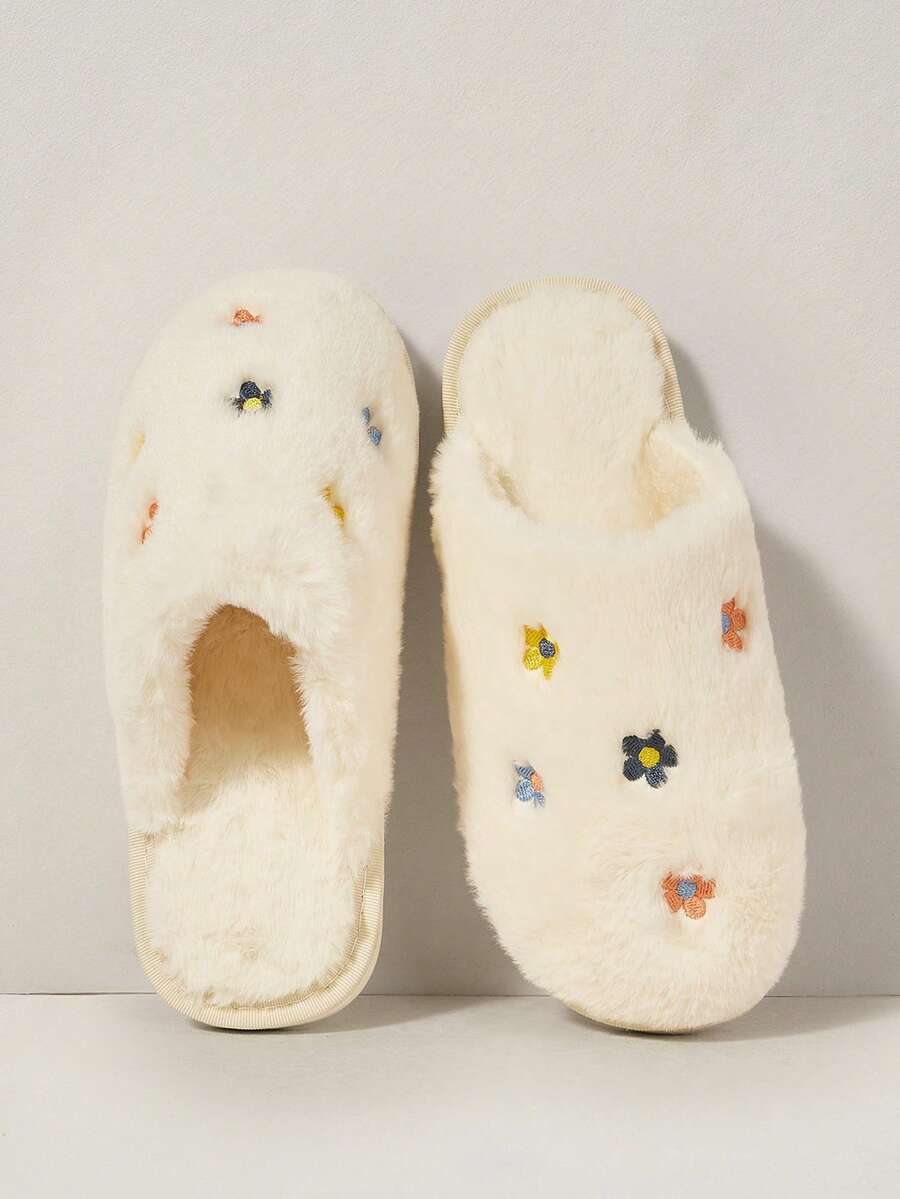 Cuccoo Women's Floral Embroidered Plush Casual Warm House Slippers For Christmas - White - View 1