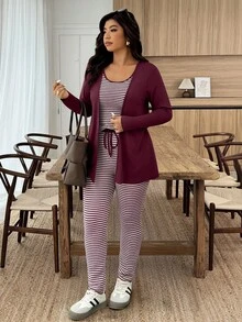 EMERY ROSE Plus Size Solid Color Long Sleeve Jacket And Striped Print Tank Top With Tie Front Pants 2 Pieces Set - Burgundy - View 6