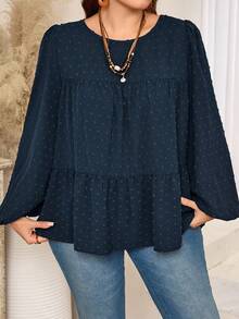 EMERY ROSE Blusa holgada con mangas farol, dobladillo con volantes y lunares, para talla grande, para uso casual o laboral, otoño - azul real - Ver 3
