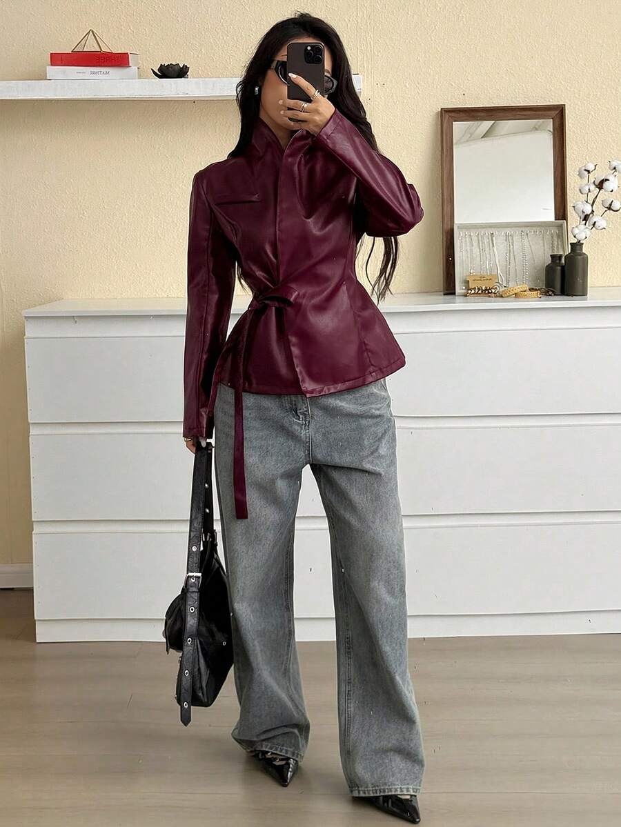SHEIN EZwear 女士纯色扭结前襟休闲时尚长袖常规外套,秋冬季款 - 酒紅色 - 查看 1