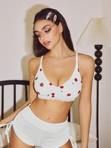 Lowkey Lull Women's Full Coverage Cherry Print Contrast Lace Wireless Bra - Multicolor - View 5