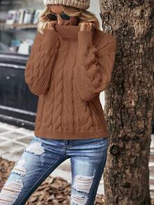 SHEIN LUNE 女式纯色落肩长袖休闲高领毛衣，秋冬 - 鏽棕色 - 查看 7