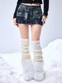 ROMWE EDITION Punk Metal Grommet Design Low Waist Mini Denim Skirt