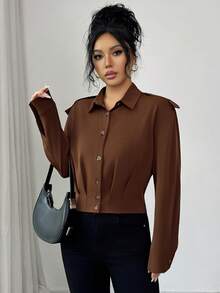 Elenzga Chaqueta utilitaria de manga larga con cuello de camisa, botones decorativos, dobladillo plisado y tirantes, color marrón chocolate, estilo retro francés elegante, minimalista y versátil, adecuada para otoño/invierno, Halloween, Navidad, Acción de Gracias, té de la tarde, reuniones familiares - Marrón Chocolate - Ver 7