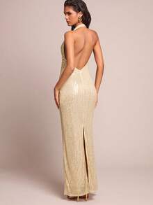 SHEIN Glamour Women's Solid Color Sequin Deep V Glamorous Fashion Halter Dress - Gold - View 2
