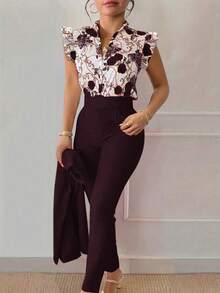 SHEIN Clasi Bộ 2 áo ren họa tiết hoa và quần đen cho nữ (có thắt lưng trang trí) - Màu đỏ tím - Xem 3