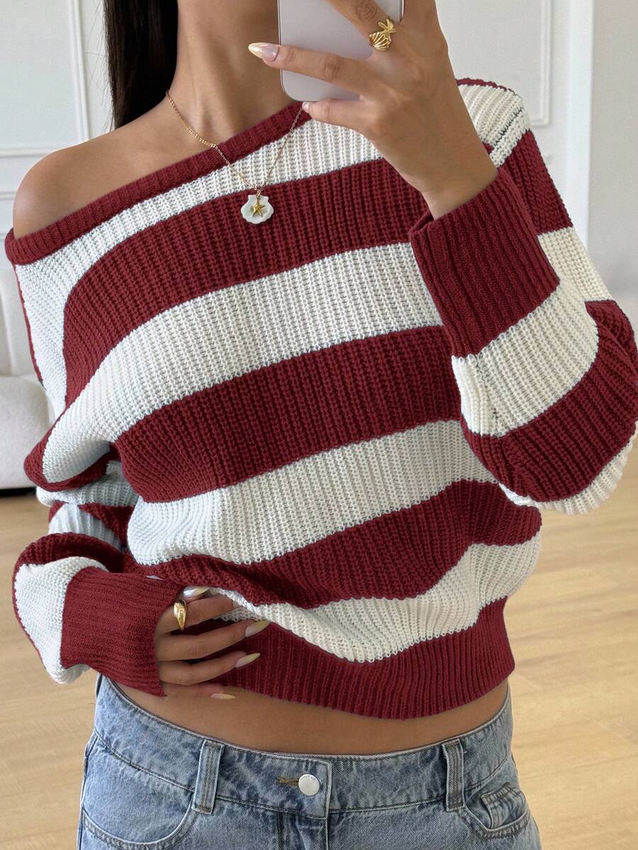 SHEIN 青少年女孩休闲条纹针织毛衣,简约时尚,适合秋冬季日常穿着 - 紅色 - 查看 1
