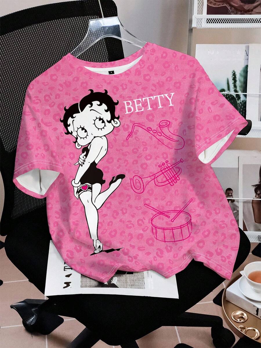 Betty Boop x SHEIN Áo thun cổ tròn tay ngắn họa tiết da báo, chữ và hoạt hình thường ngày dành cho nữ, mùa hè - trắng - Xem 1
