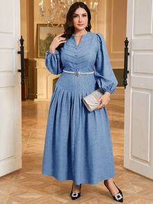 Modelyn Vestido plisado de manga farol de unicolor elegante para fiesta de talla grande - Azul - Ver 6