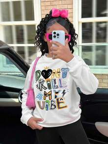 SHEIN Sparklyn Mädchen süßes, buntes Cartoon-Buchstaben-Muster Sweatshirt und Leggings Set - Schwarz - Übersicht 5