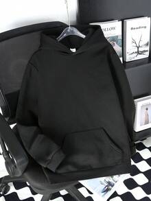 SHEIN Teenage Boys' Long Sleeve Hooded Sweatshirt With Pockets, Autumn/Winter - Black - View 2