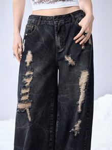 ROMWE Grunge Punk Relaxed Fit Grunge Vintage Distressed Design Oversized Skull Print Women Jeans - Blue - View 7