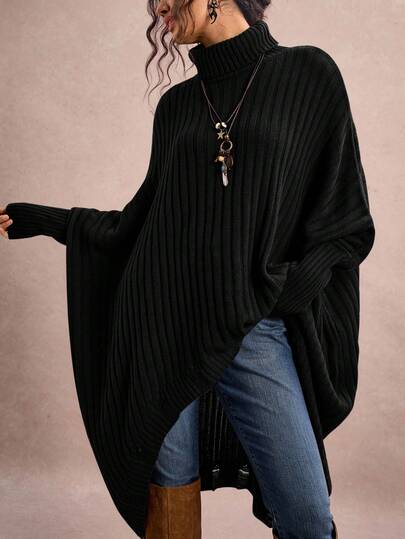 Freevana Plus Size Casual Solid Color Turtleneck Batwing Sleeve Distressed Long Sweater, Autumn/Winter