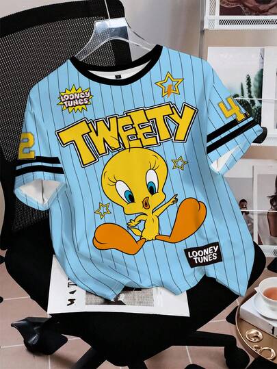 LOONEY TUNES X SHEIN T-shirt ample d'été pour femmes, style décontracté, mode de rue, sportif, amusant, mignon, imprimé de lettres et de chiffres de bandes de dessin animé