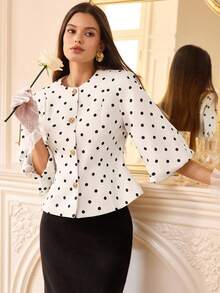 Revavyn Women's Black Polka Dot Mid-Sleeve Short Metal Buckle Cuff Blazer Jacket - White - View 3
