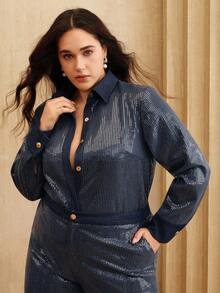 Anewsta Plus Size Women Sequin Patchwork Embroidered Elegant Blouse, Suitable For Party, Work, And Fashionable Occasions - Navy Blue - View 4