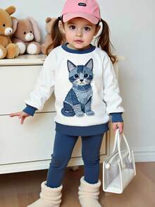 SHEIN Playful Pals 2件套女婴0-3岁休闲时尚可爱猫咪印花卫衣和打底裤套装，适合秋冬季节、日常、户外、居家穿着，时尚百搭。 - 彩色 - 查看 1