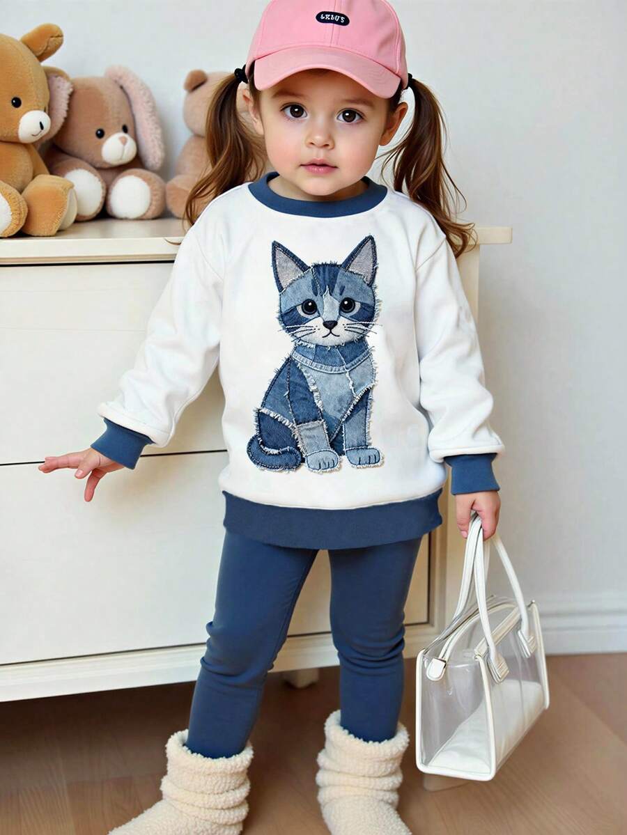 SHEIN Playful Pals 2件套女婴0-3岁休闲时尚可爱猫咪印花卫衣和打底裤套装,适合秋冬季节、日常、户外、居家穿着,时尚百搭。 - 彩色 - 查看 1