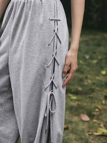 Medorelle 女士纯色弹力腰抽绳宽松运动裤 - 灰色 - 查看 3