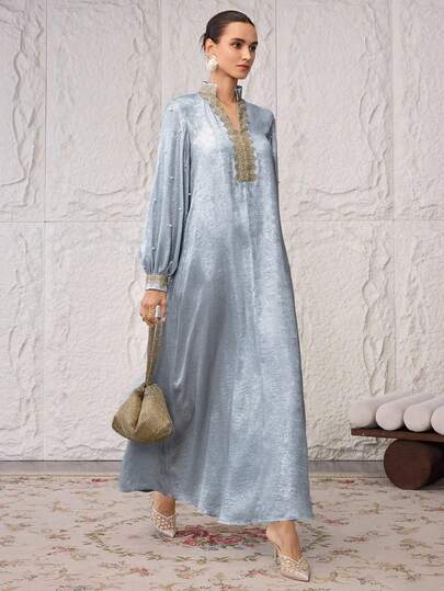 Al Najma Women's Elegant Party Beaded Decor Arabic Style Dress Maxi Long Sleeve Dress