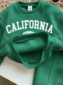 SHEIN 女婴可爱灰色字母印花长袖卫衣裤套装，秋冬款 - 墨綠色 - 查看 8