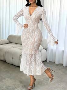 SHEIN Lady Women's Elegant Sheer Lace V-Neck Flare Sleeve Mermaid Hem Fitted Dress,Beige,Autumn,Elegant,Wedding Guest Luxury Evening Party Wedding Guest Dresses - White - View 5