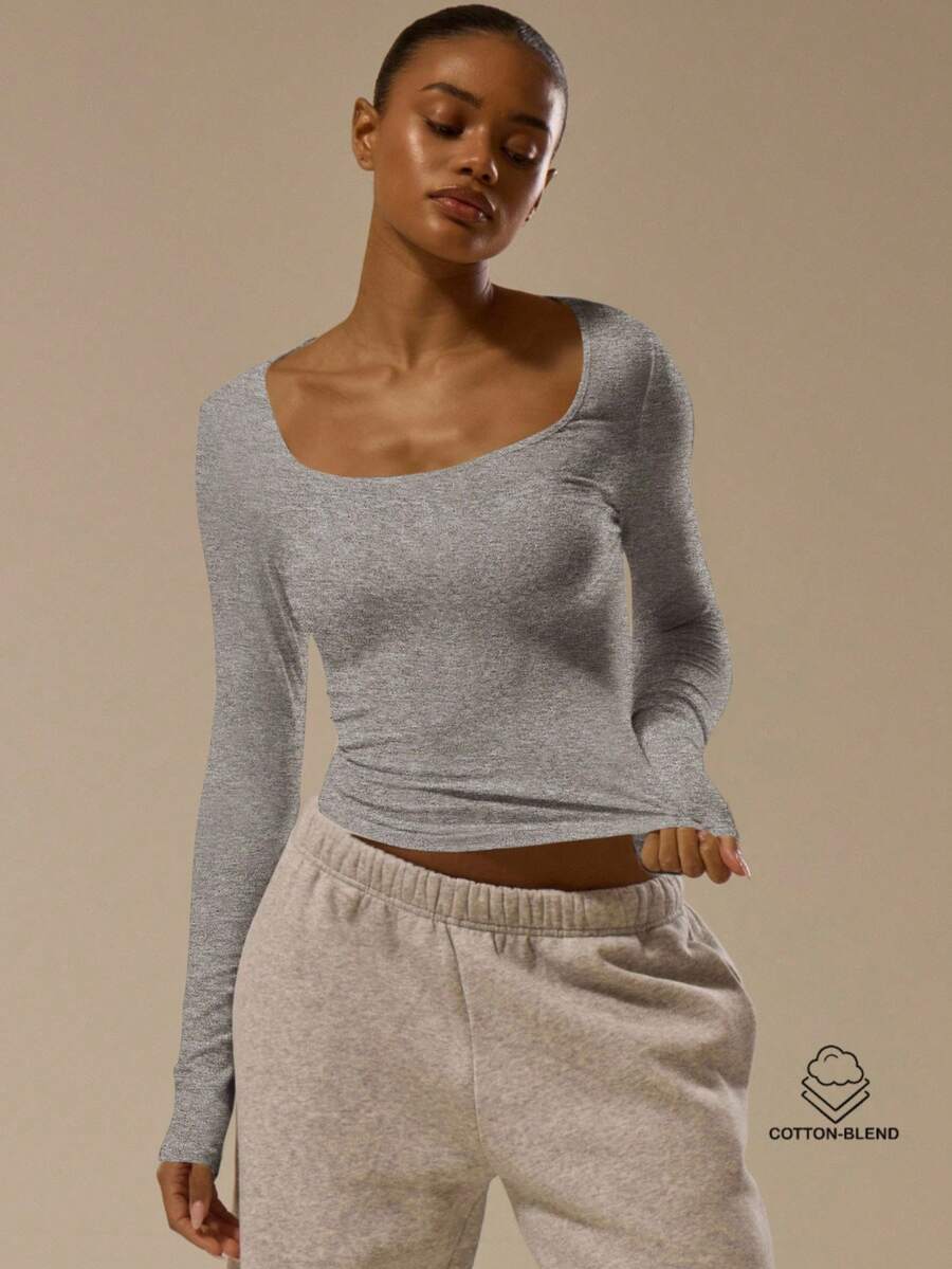 MUSERA ESSENTIALS Fitted Scoop Neck Long Sleeve Cotton Blended Top Classy Basic Sexy Spring Summer Holiday - Grey - View 1