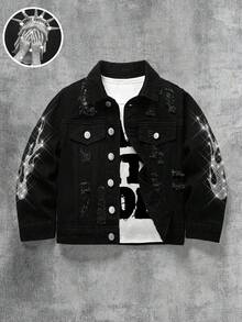 Young Boy Urban Street Flame Rhinestone Portrait Graphic Lapel Long Sleeve Loose Fit Black Denim Jacket, Fall Winter, Dailywear, Streetwear,Christmas,New Year,Thanksgiving,2000s