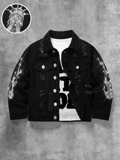 Young Boy Urban Street Flame Rhinestone Portrait Graphic Lapel Long Sleeve Loose Fit Black Denim Jacket, Fall Winter, Dailywear, Streetwear,Christmas,New Year,Thanksgiving,2000s