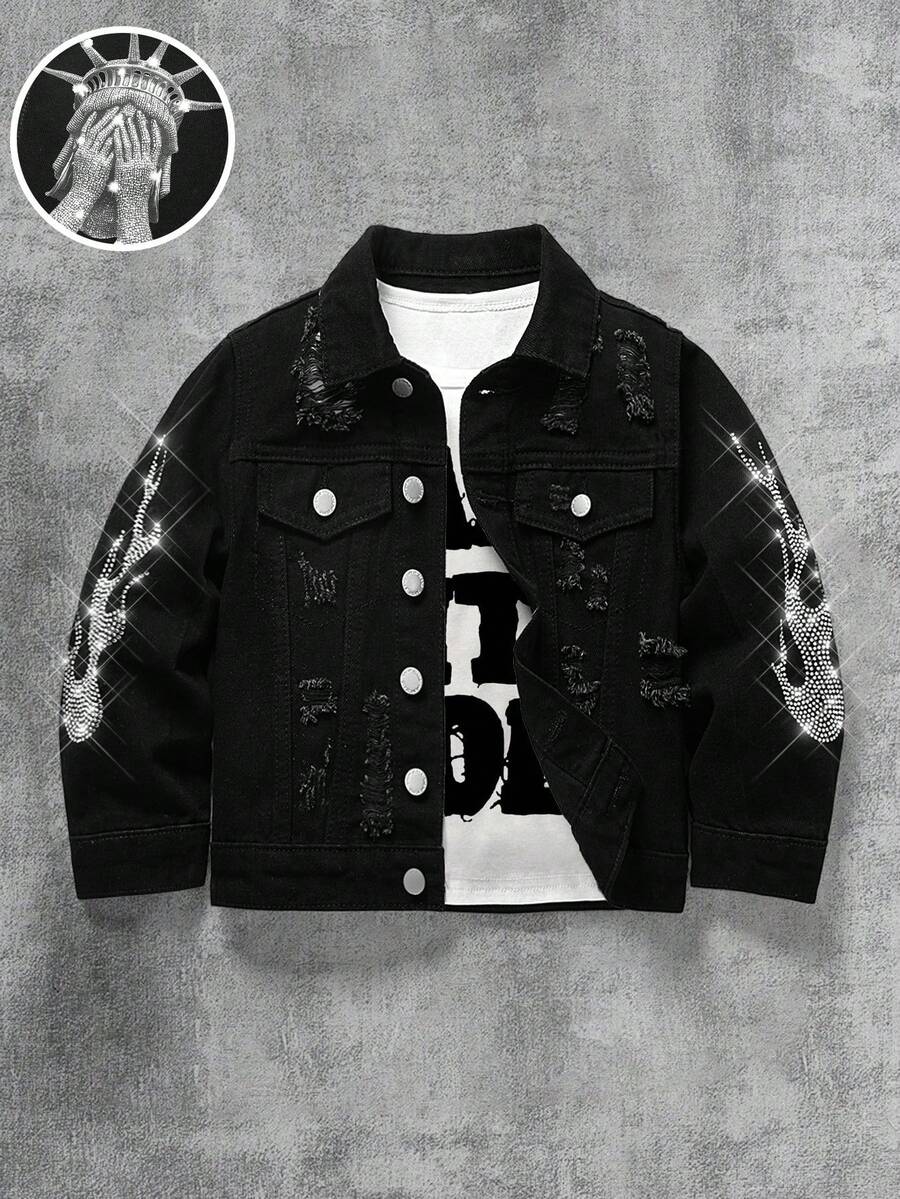 Young Boy Urban Street Flame Rhinestone Portrait Graphic Lapel Long Sleeve Loose Fit Black Denim Jacket, Fall Winter, Dailywear, Streetwear,Christmas,New Year,Thanksgiving,2000s