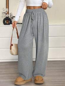 SHEIN EZwear 大码灰色高领扭结休闲宽松运动裤 - 灰色 - 查看 5