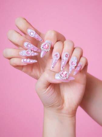 Kawaii 10 piezas de uñas postizas de alta calidad con estilo Y2K, con corazones, perlas, rhinestones y degradado de color rosa a blanco, pintadas a mano + 3 piezas de adhesivo doble cara, pegatinas de uñas removibles y reutilizables con rhinestones y brillo, adecuadas para fiestas, baile y uso diario