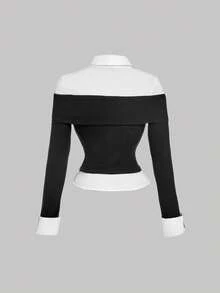 SHEIN MOD Elegant Black And White Autumn Knitted Spliced Shirt Two-In-One Top,Old Money Aesthetic,Office Wear,Retro 70s Y2K,Back-To-School,Party & Birthday Wear - Black and White - View 2