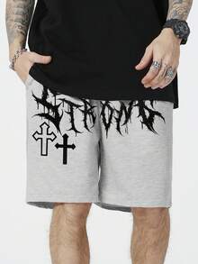 ROMWE MEN Men's Cross & Gothic Letter Print Drawstring Waist Pocket Casual Shorts - Grey - View 3