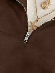 Lalippa Women's Loose Solid Half Zip Thermal Lining Sweatshirt - Coffee Brown - View 6