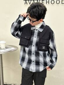 SHEIN 男童休闲韩版格子领衬衫，适合通勤、上学、日常休闲、大学郊游、运动、秋冬季节穿着，百搭 - 黑與白 - 查看 6