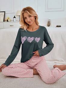 EURMUSE 100% Cotton 2Pcs  Heart Printed PJ Set
