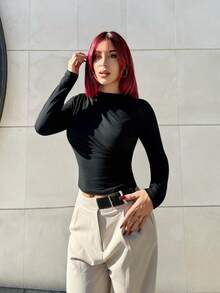 Bearsaez 1pc Women's Casual Pleated Long Sleeve T-Shirt, Autumn Fall Cloth For Women - Black - View 1
