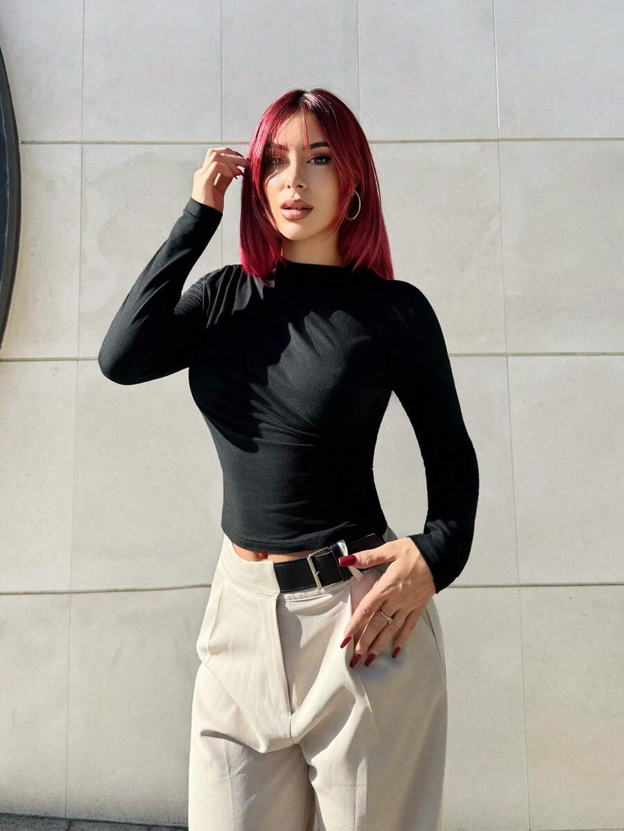 Bearsaez 1pc Women's Casual Pleated Long Sleeve T-Shirt, Autumn Fall Cloth For Women - Black - View 1
