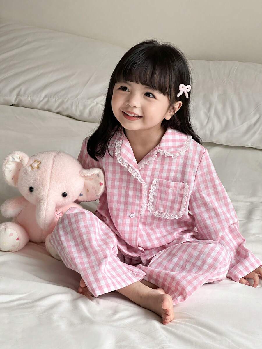 SHEIN 两件套少女休闲舒适翻领蕾丝边开衫长袖上衣和直筒格子睡裤套装 - 彩色 - 查看 1