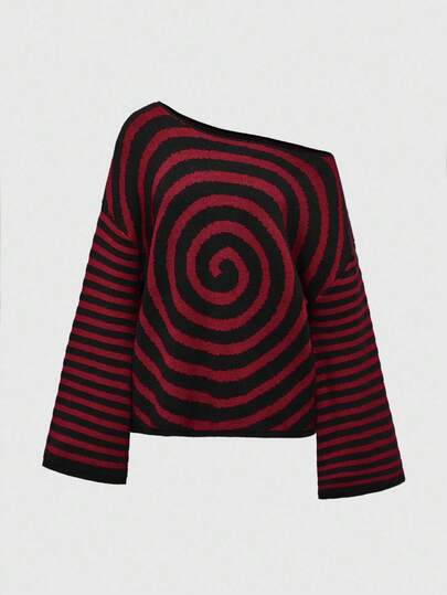 Fairycore Suéter de mujer con estampado jacquard de rayas negras y moradas con diseño misterioso de círculos