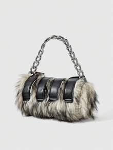 ROMWE Grunge Punk 2000年代风格女士手提包，朋克铆钉机车包，金属链条包，毛绒钱包，秋冬钱包（随机图案） - 黑與白 - 查看 5