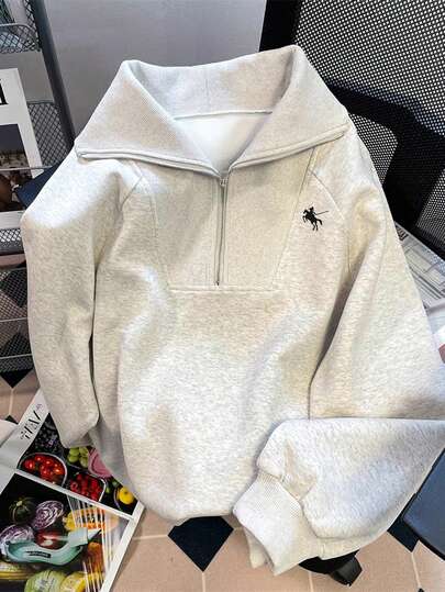 INAWLY Casual Loose High Collar Zipper Half-Zip Graphic Print Long Sleeve Sweatshirt