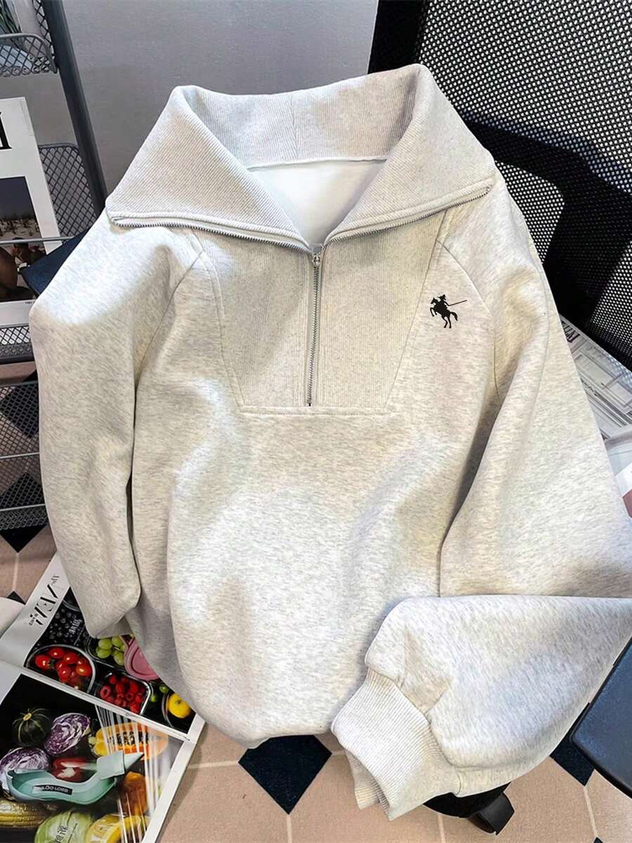 INAWLY Casual Loose High Collar Zipper Half-Zip Graphic Print Long Sleeve Sweatshirt - Light Grey - View 1