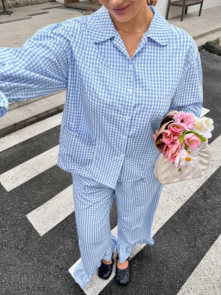 Lounesse 大码女式蓝色格子衬衫和裤子两件套 - 淺藍色 - 查看 1