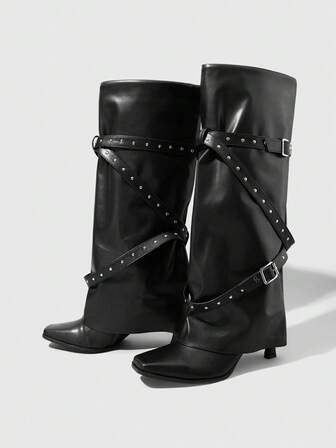 Grunge Punk Women's Criss-Cross Studded Pointed Toe Ankle Boots
